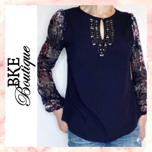 BKE Boutique Navy Blue Burnout Velvet Blouse XS - Picture 1 of 9